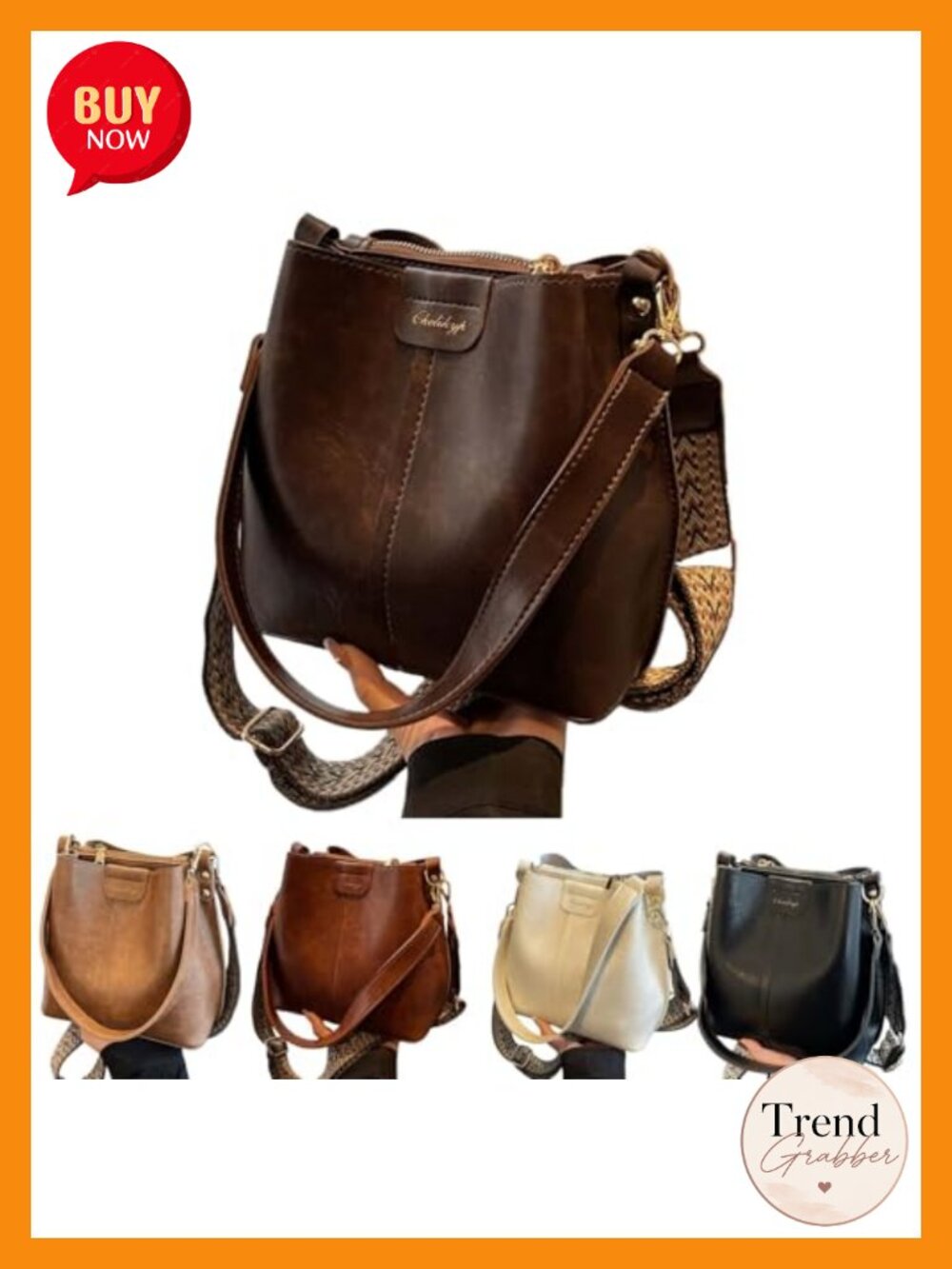 Vintage Crossbody Bucket Bag Purse PU Polyester Adjustable Strap Travel